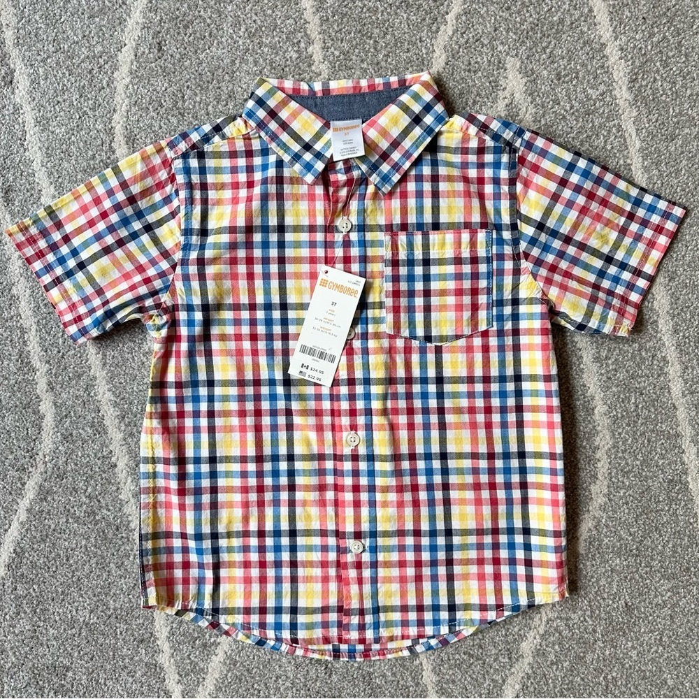 Gymboree Primary Color Plaid Short Sleeve Button Down Shirt 3T
